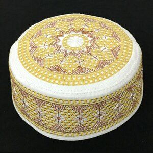 Embroidered Kufi YELLOW 58 cm Men's Muslim Islamic Prayer Cap MEDIUM/LARGE